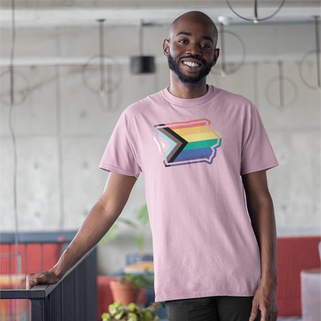C.J. Petersen Wearing Iowa Outline Progress Pride Flag Tee