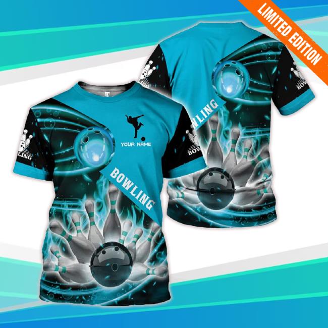 Personalized Name Bowling Light Blue 3D Shirt, Black Bowling Ball Crashing Pins Custom Name Bowling 3D Classic Shirt Bowling Bowler Gift