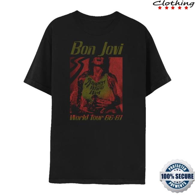 Bon Jovi Merch Store Slippery When Wet Vintage World Tour Black Tee Trending Bon Jovi Merch Store Slippery When Wet Vintage World Tour Black t-shirt, hoodie, tank top, sweater and long sleeve t-shirt