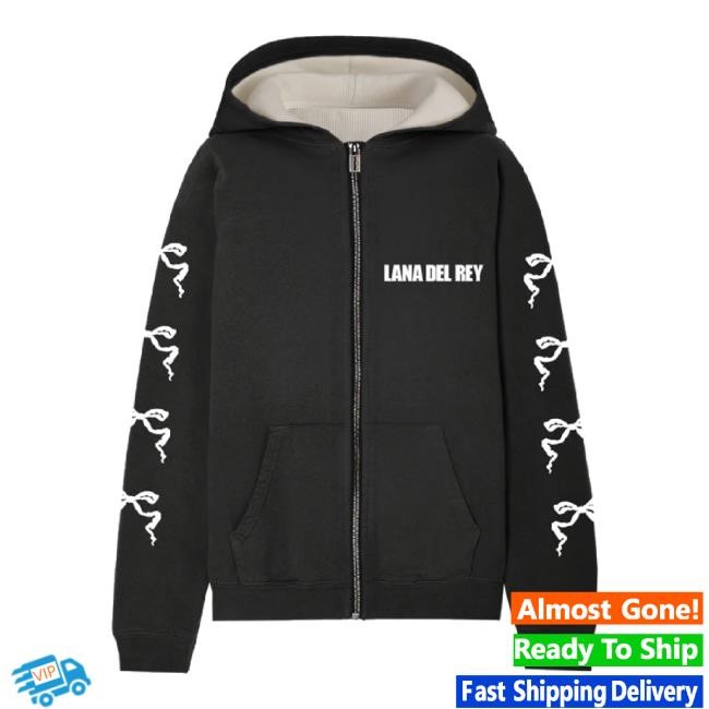 Trending Black Zip-Up Hoodie Sweatshirt With Ribbon Sleeves Lana Del Rey Store Merch Shop