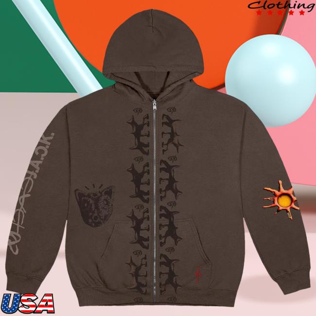 Official Travis Scott Merch Store Travis Scott Reverse Dog Zip Up Hoodies Brown TravisScott Shop