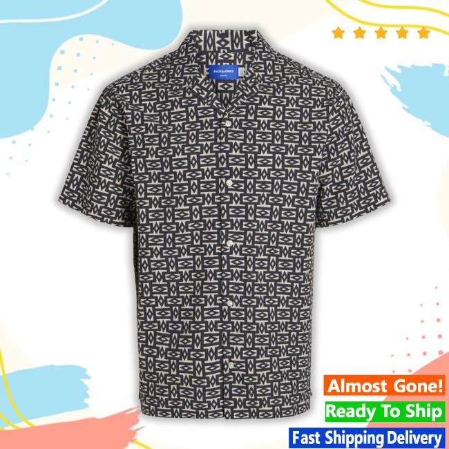 Negozipellizzari Merch Camicia Mezza Manica In Misto Cotone A Fantasia Geometrica Beige E Nera Shirts