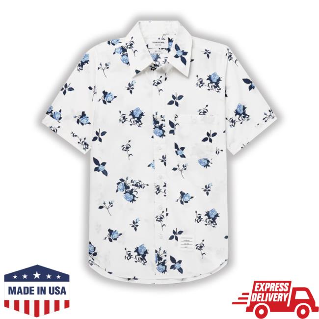 Mrporter Merch Thom Browne Button-Down Collar Floral-Print Cotton-Poplin T Shirt