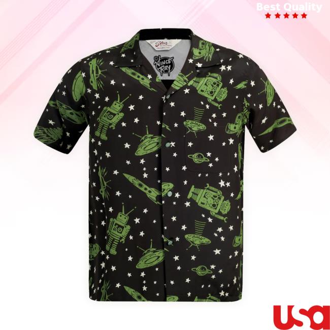 Vince Ray Sh37591 Space Rockets Black Rayon Hawaiian Sweatshirt