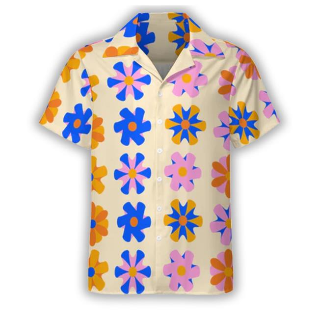 Ribooa Merch Colorful Flowers Cuban Collar Hawaiian Tee Shirt