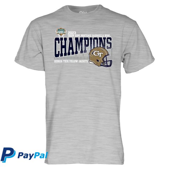 Mens Blue 84 Gry Georgia Tech Yellow Jackets 2023 Football Gasparilla Bowl Champs Tee Shirt